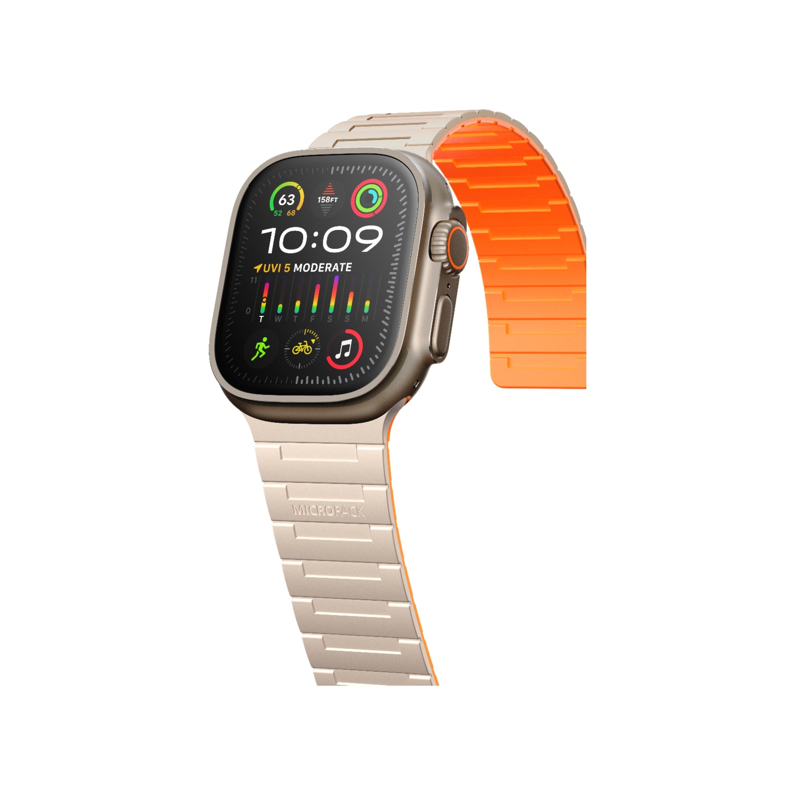 Smartwatch with a metallic band and orange strap on a white background