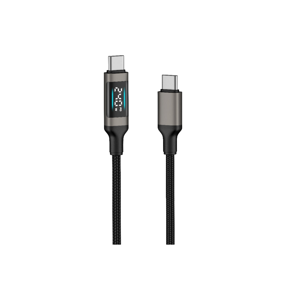 Black USB-C cable with digital display on a white background