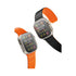 Two smartwatches with orange and black bands on a white background