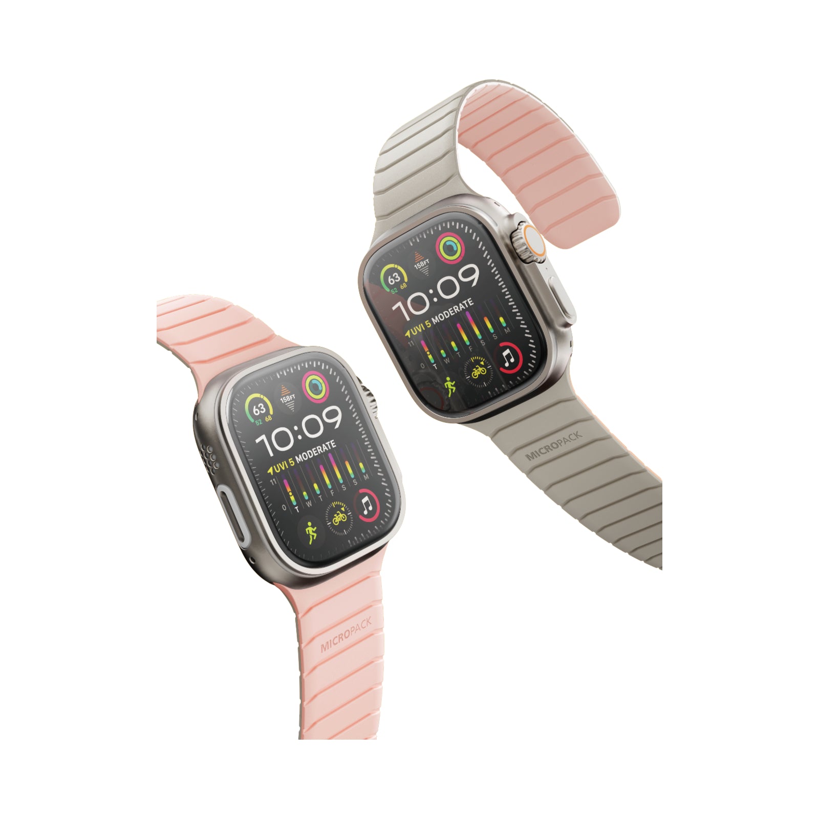 Two smartwatches with pink and gray bands on a white background