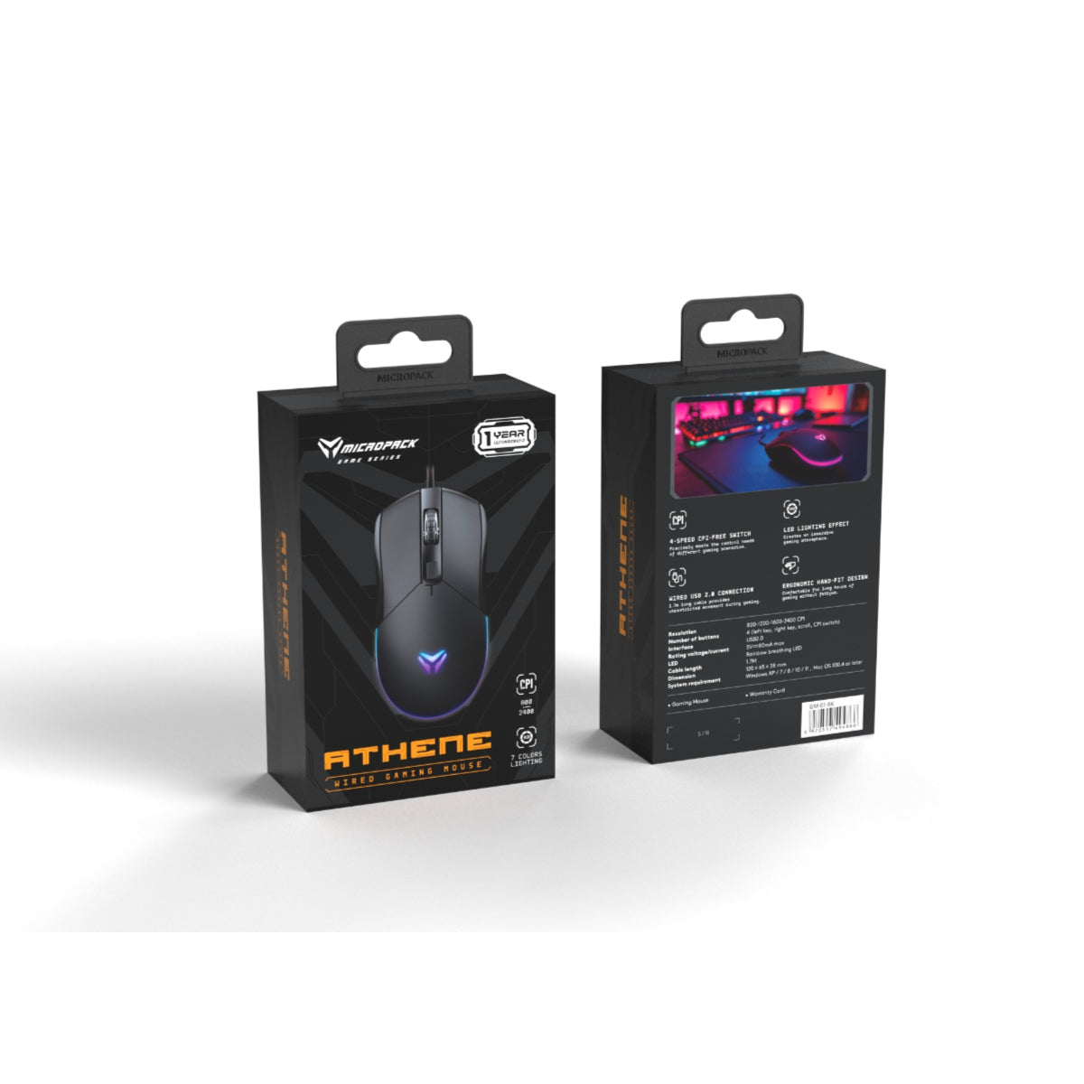 Gaming mouse and its packaging on a white background