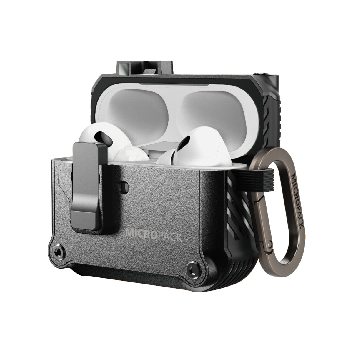 Black Micropack case with wireless earbuds on a white background