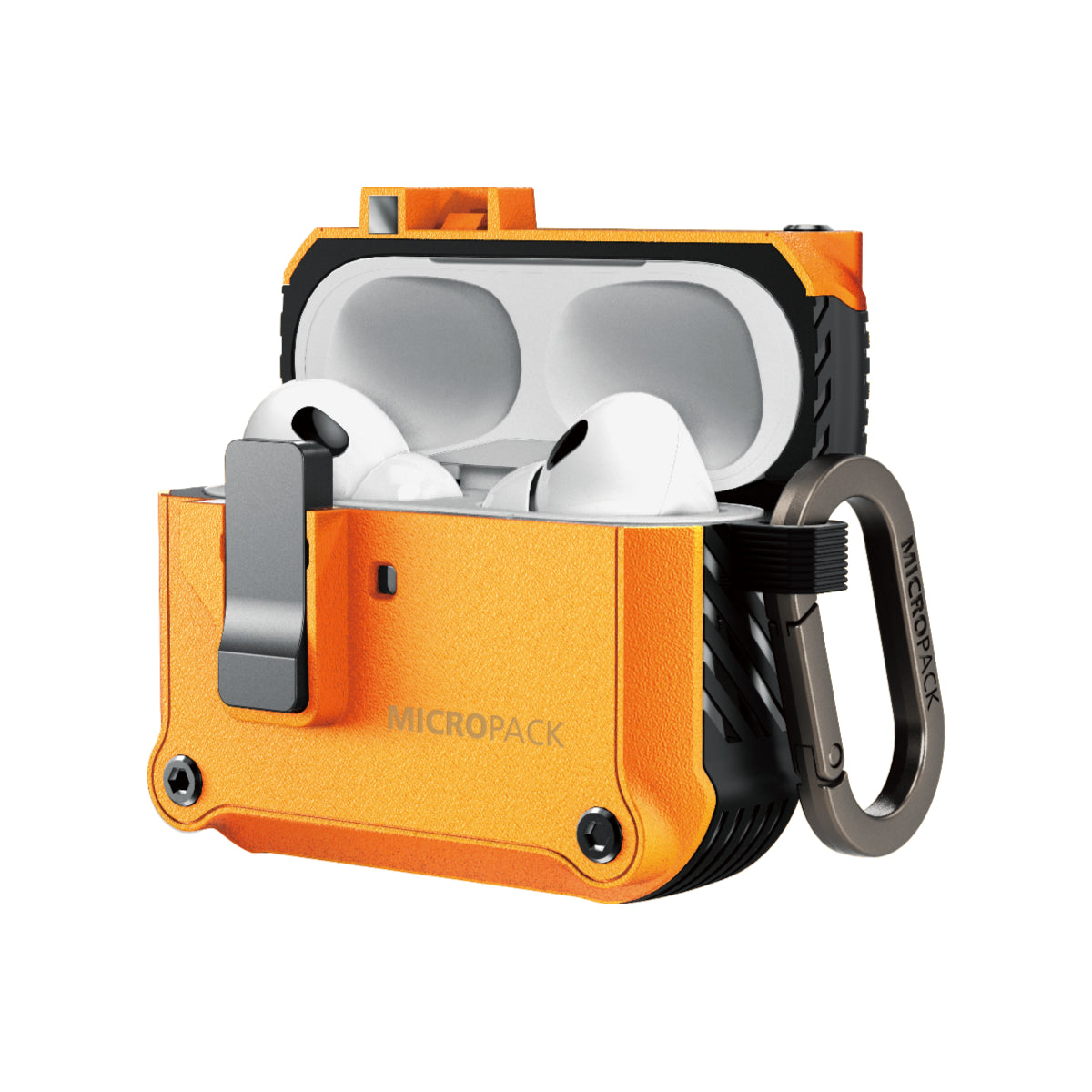 Orange and black Micropack case with white earbuds on a white background