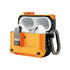 Orange and black Micropack case with white earbuds on a white background