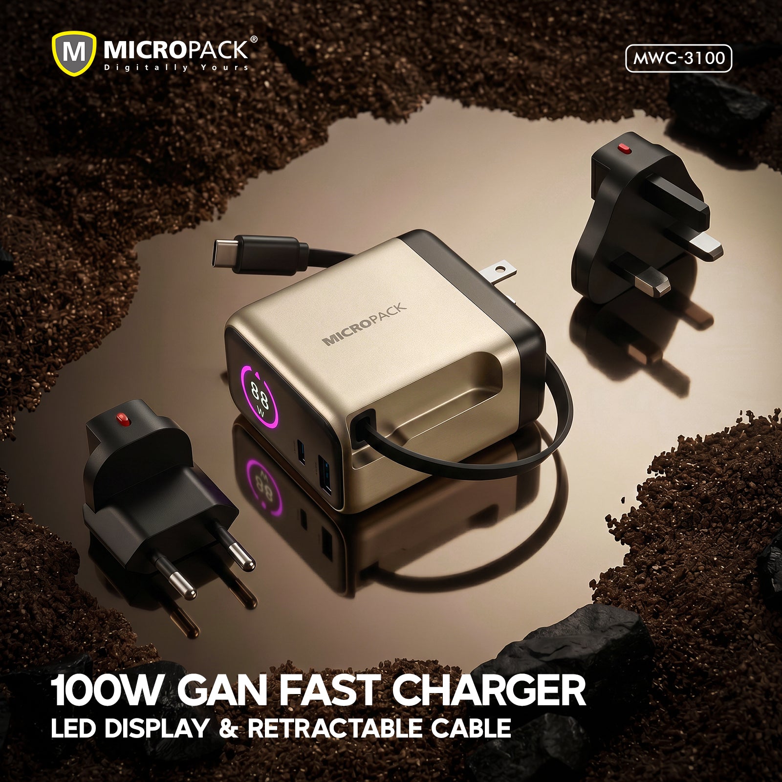Micropack 100W GAN fast charger with LED display and retractable cable on a reflective surface.