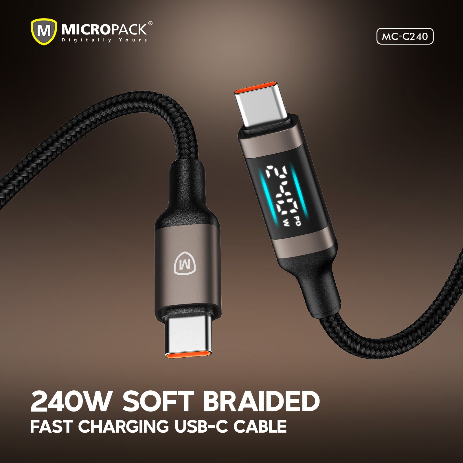 Fast charging USB-C cable with digital display on a brown background, featuring Micropack branding.