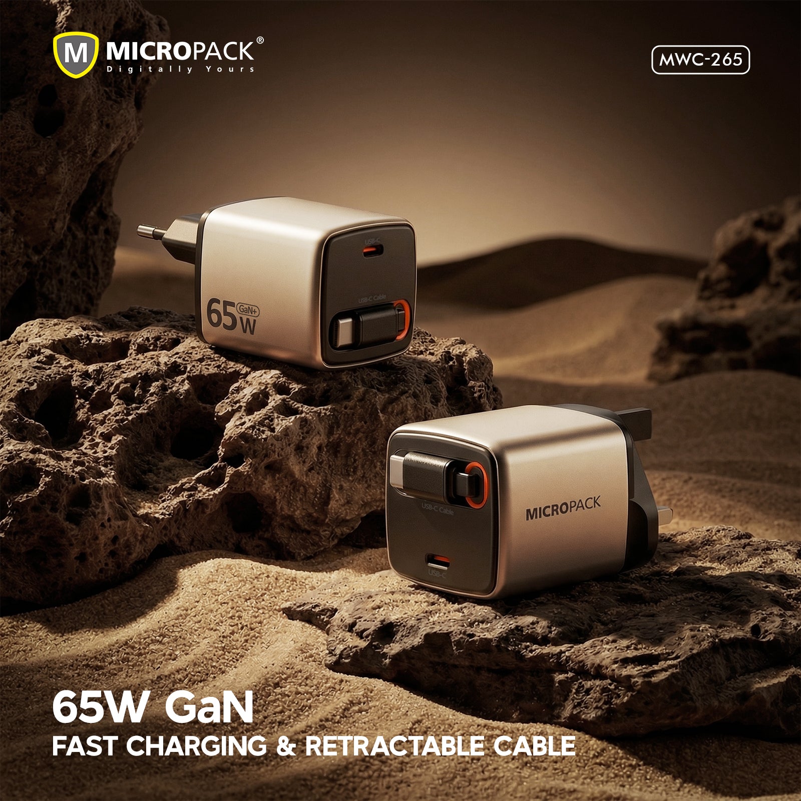 Two 65W GaN fast charging devices on rocks with a desert background, featuring Micropack branding.