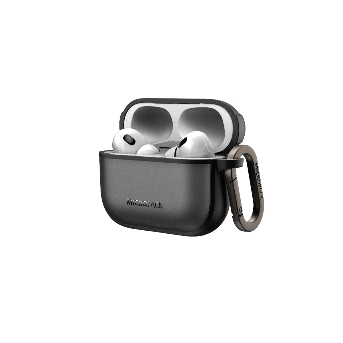 Black wireless earbud case with earbuds inside on a white background