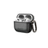 Black wireless earbud case with earbuds inside on a white background