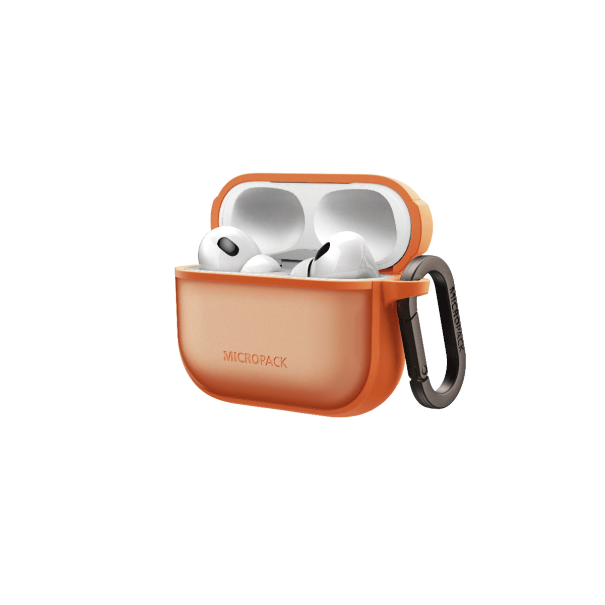 Orange wireless earbud case with carabiner on a white background