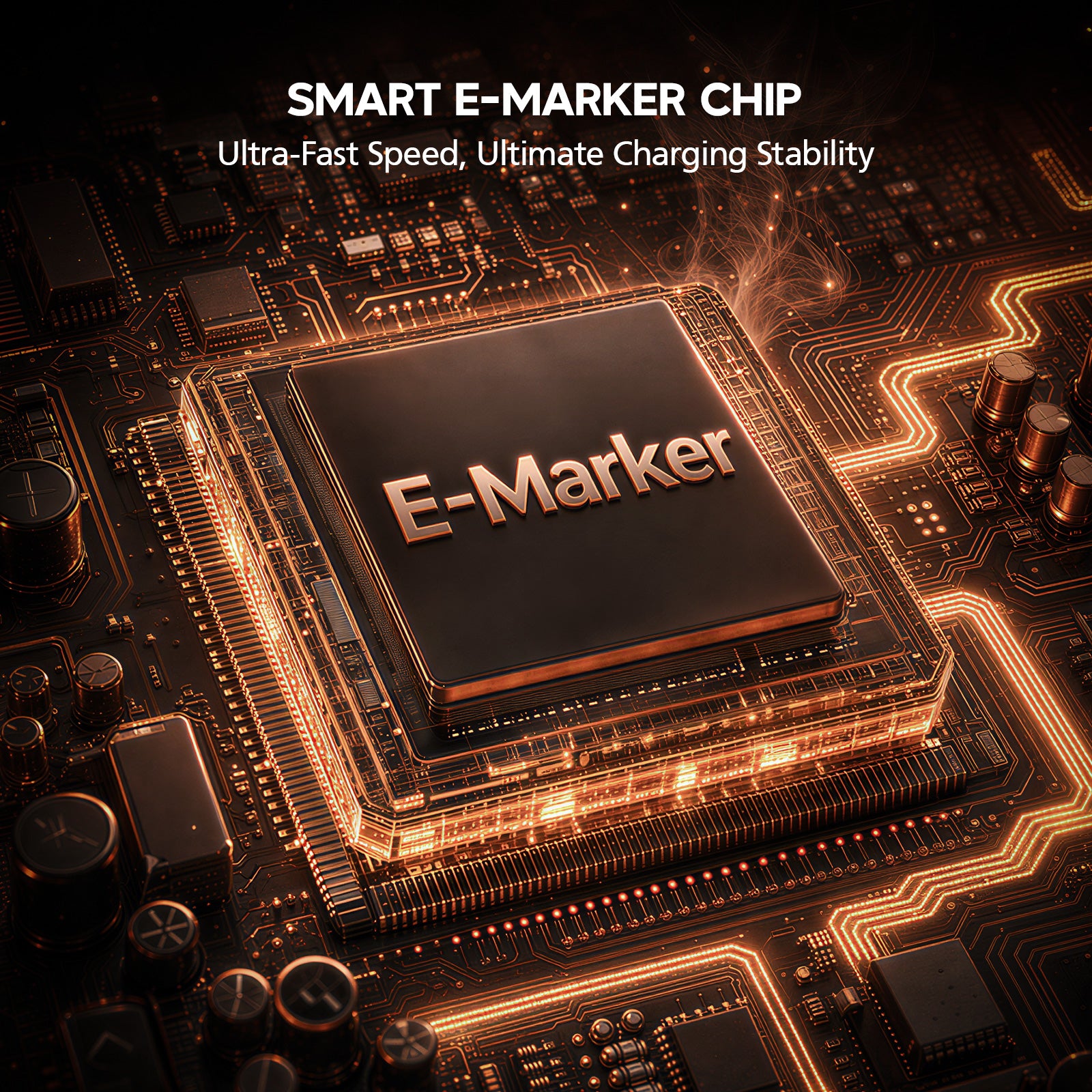 E-Marker chip on a circuit board with glowing lines, emphasizing ultra-fast speed and charging stability.