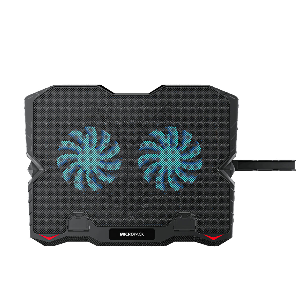 Black laptop cooling pad with dual fans on a white background
