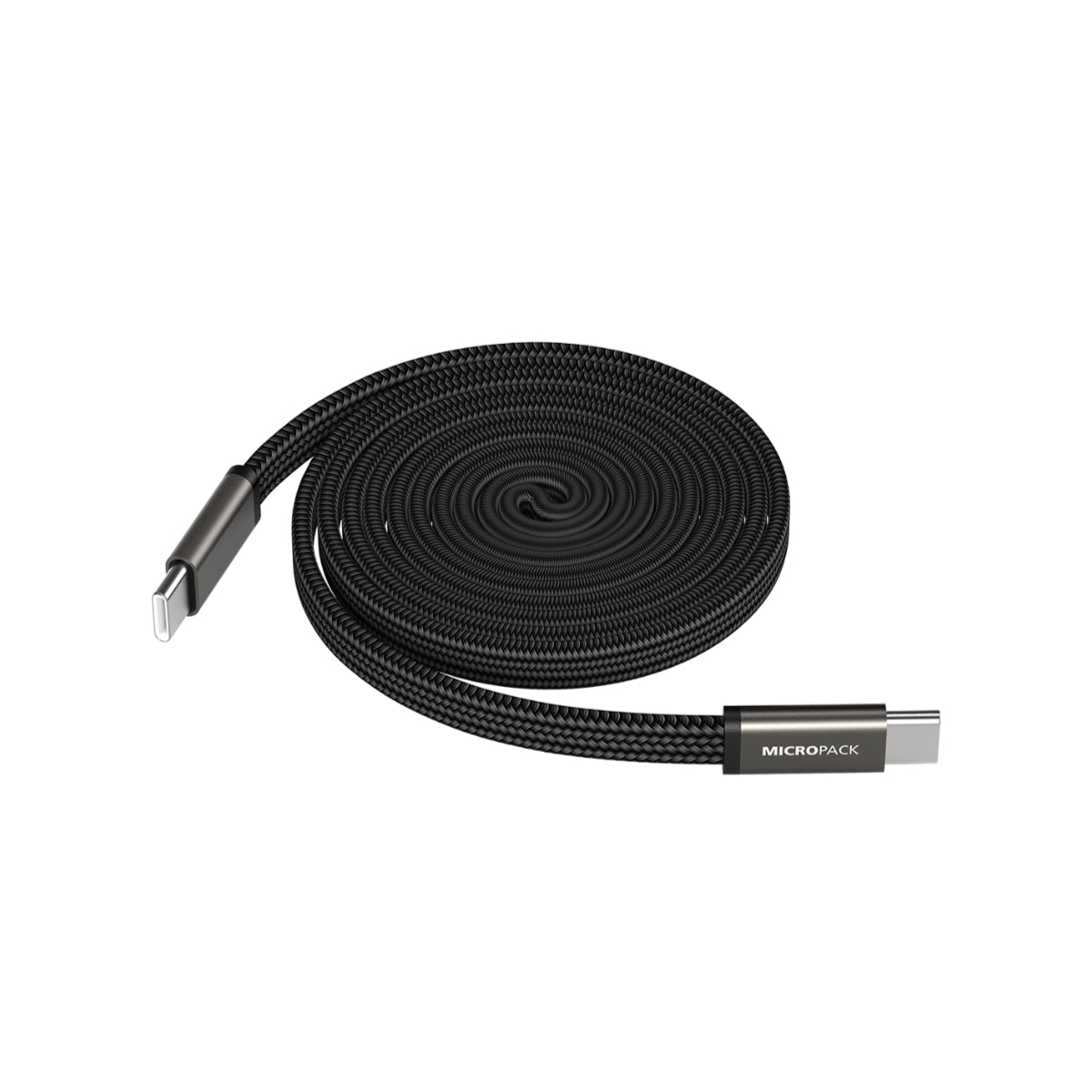 Black braided cable with USB connector on a white background
