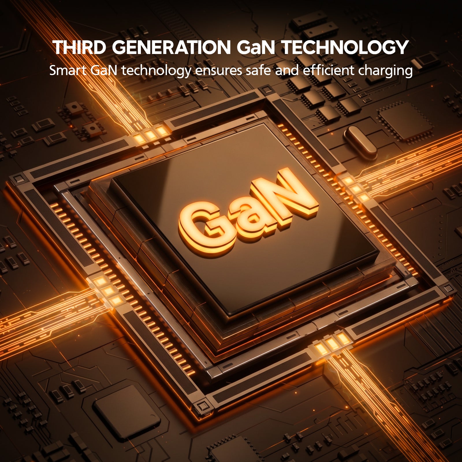 GaN technology chip on a circuit board with glowing effects
