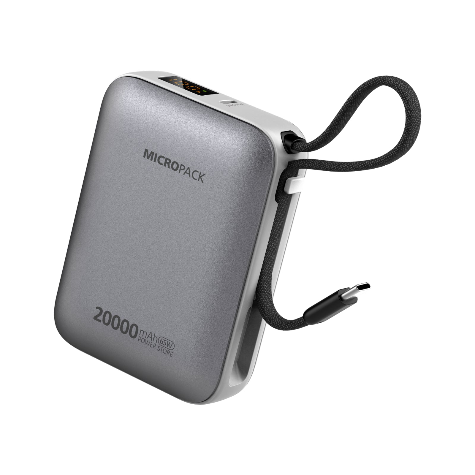 Gray power bank with 'MICROPACK' branding and 20000mAh capacity on a white background
