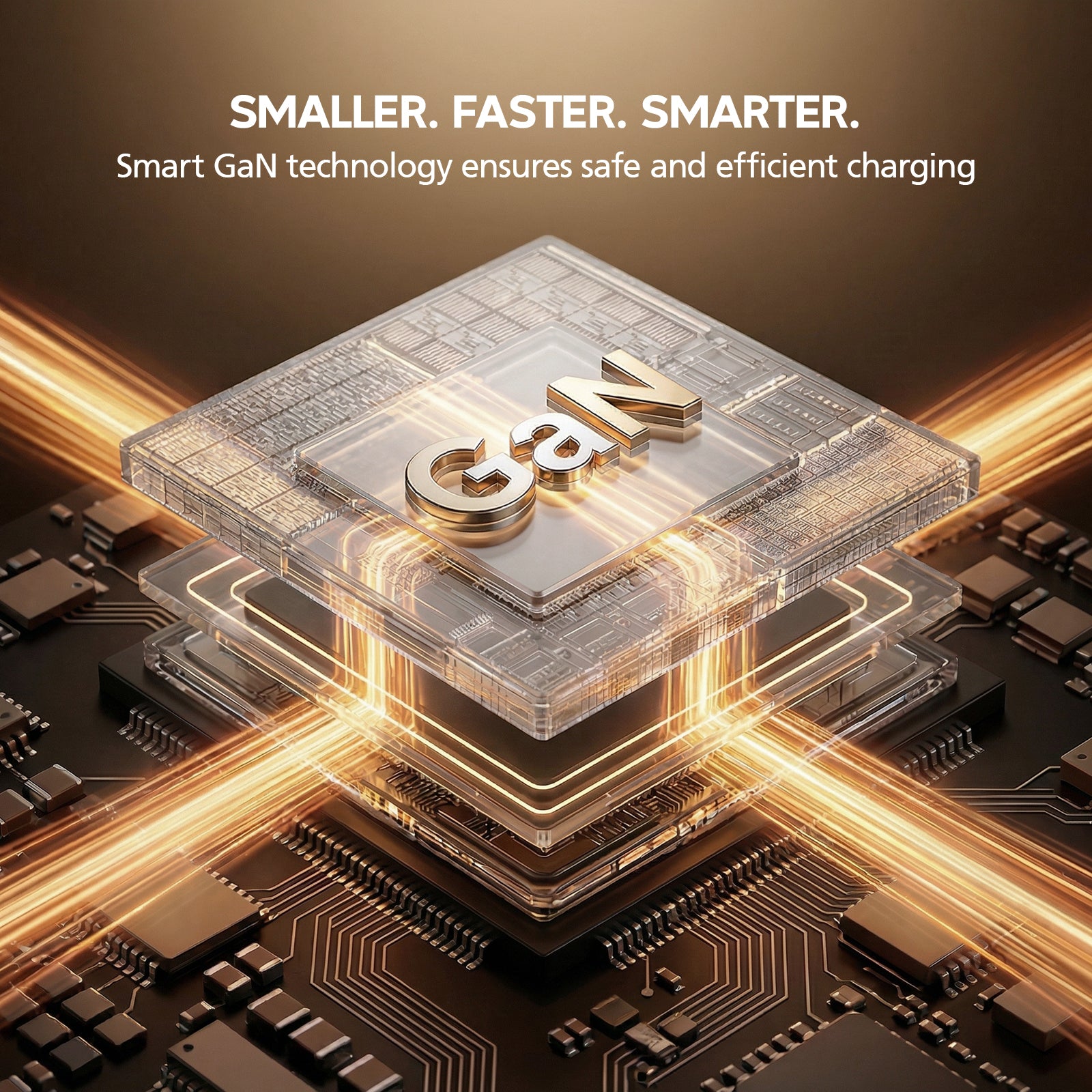 GaN technology chip on a circuit board with glowing effects and text about safe and efficient charging.