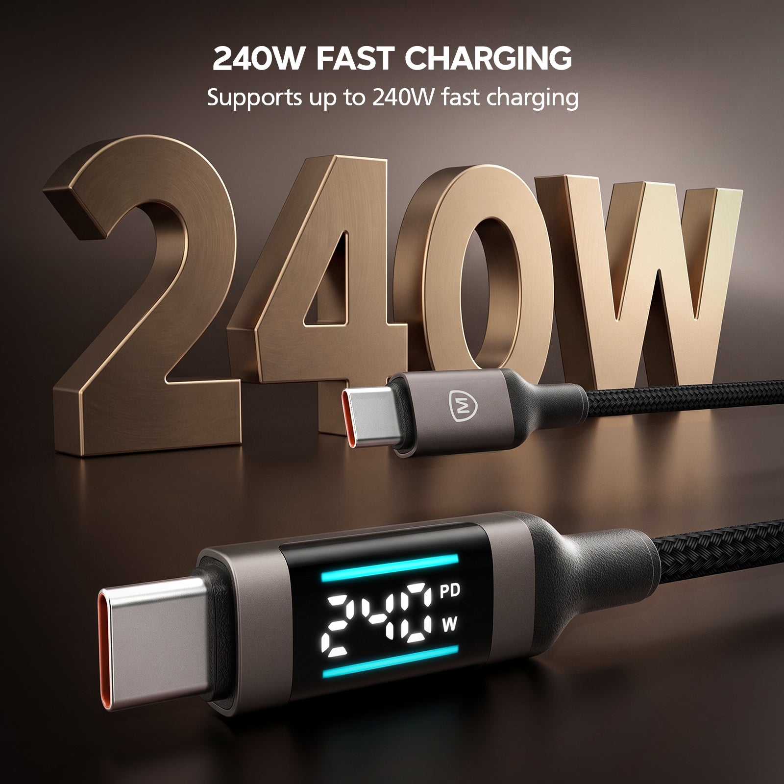 240W fast charging cable with digital display on a dark background