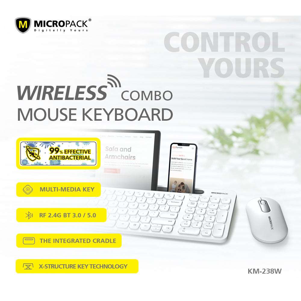 Antibacterial Wireless Keyboard and Mouse Combo KM-238W WHITE