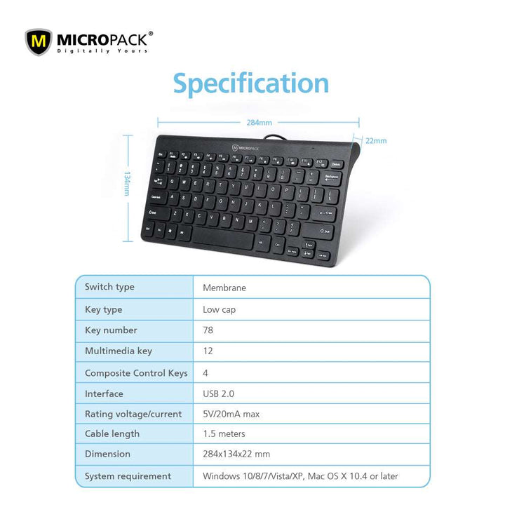 Small Wired Computer Laptop Keyboard Micropack K2208STL