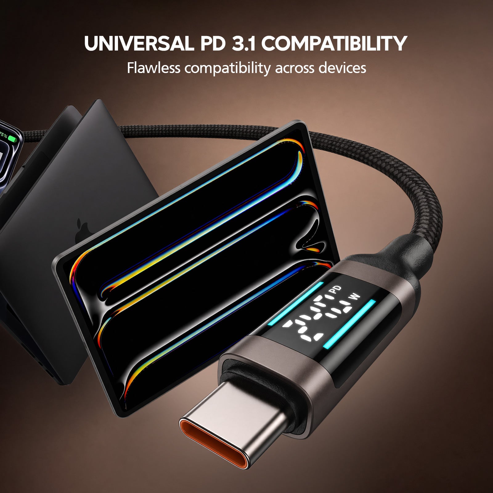 USB-C cable with digital display on a dark background, emphasizing compatibility.