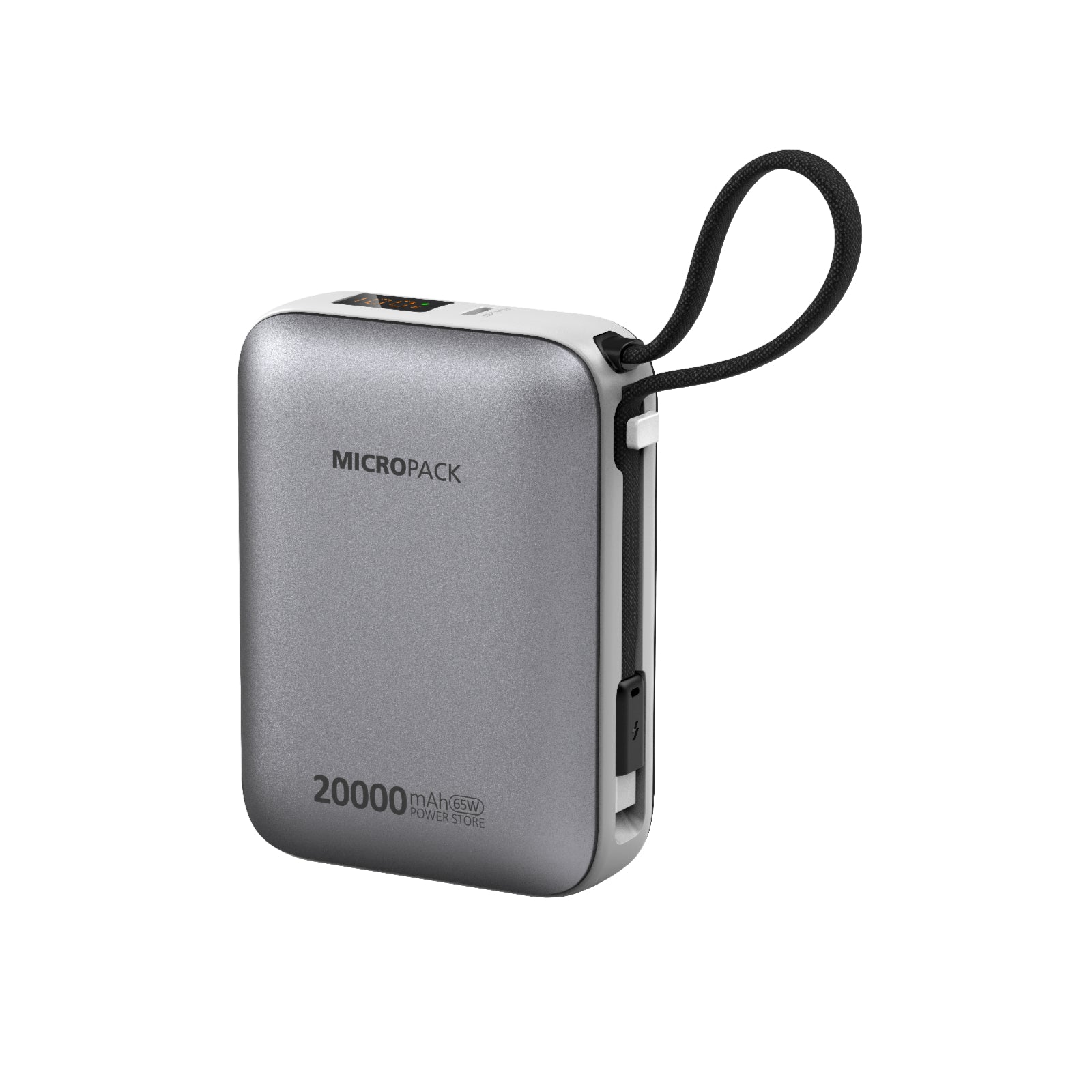 Silver power bank with 'MICROPACK' branding on a white background