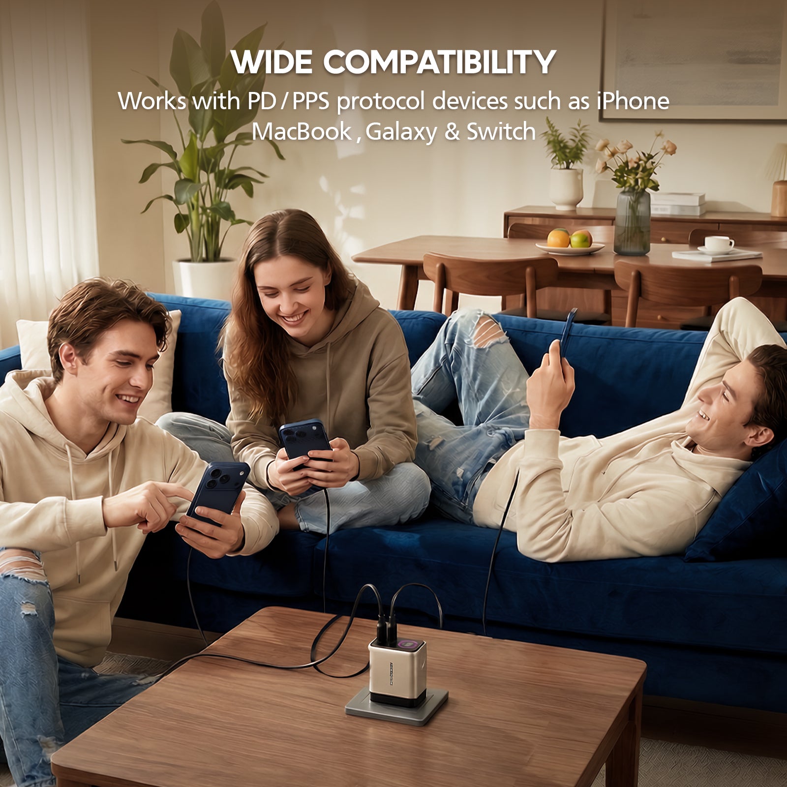 Three people sitting on a couch using smartphones with a charging station on a table.