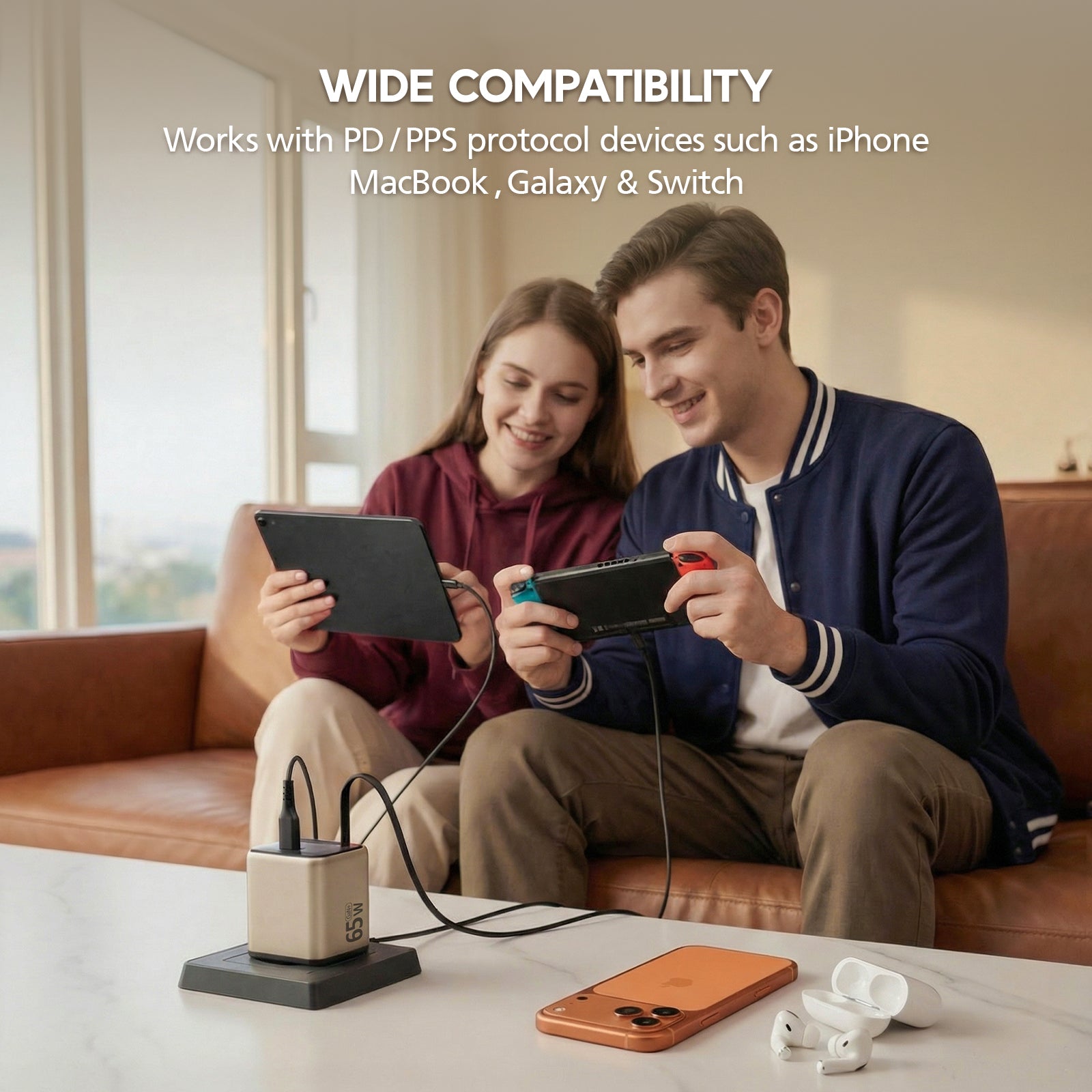 Two people sitting on a couch using electronic devices with a charging station in front of them.