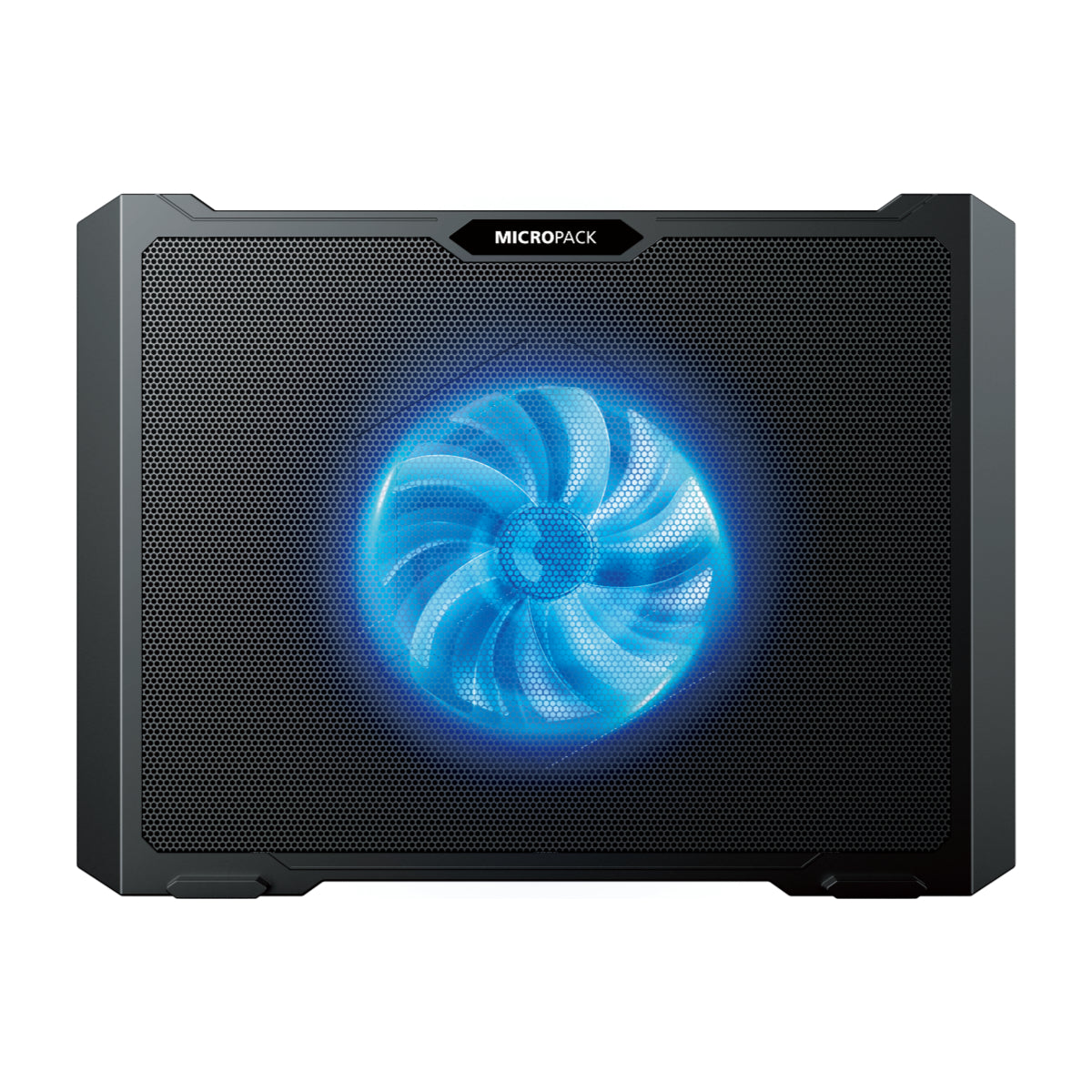 Black cooling pad with a blue LED fan on a white background