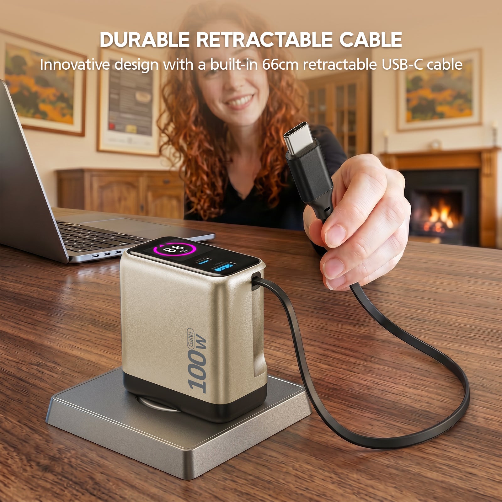 Person holding a retractable USB-C cable connected to a power bank on a wooden table.