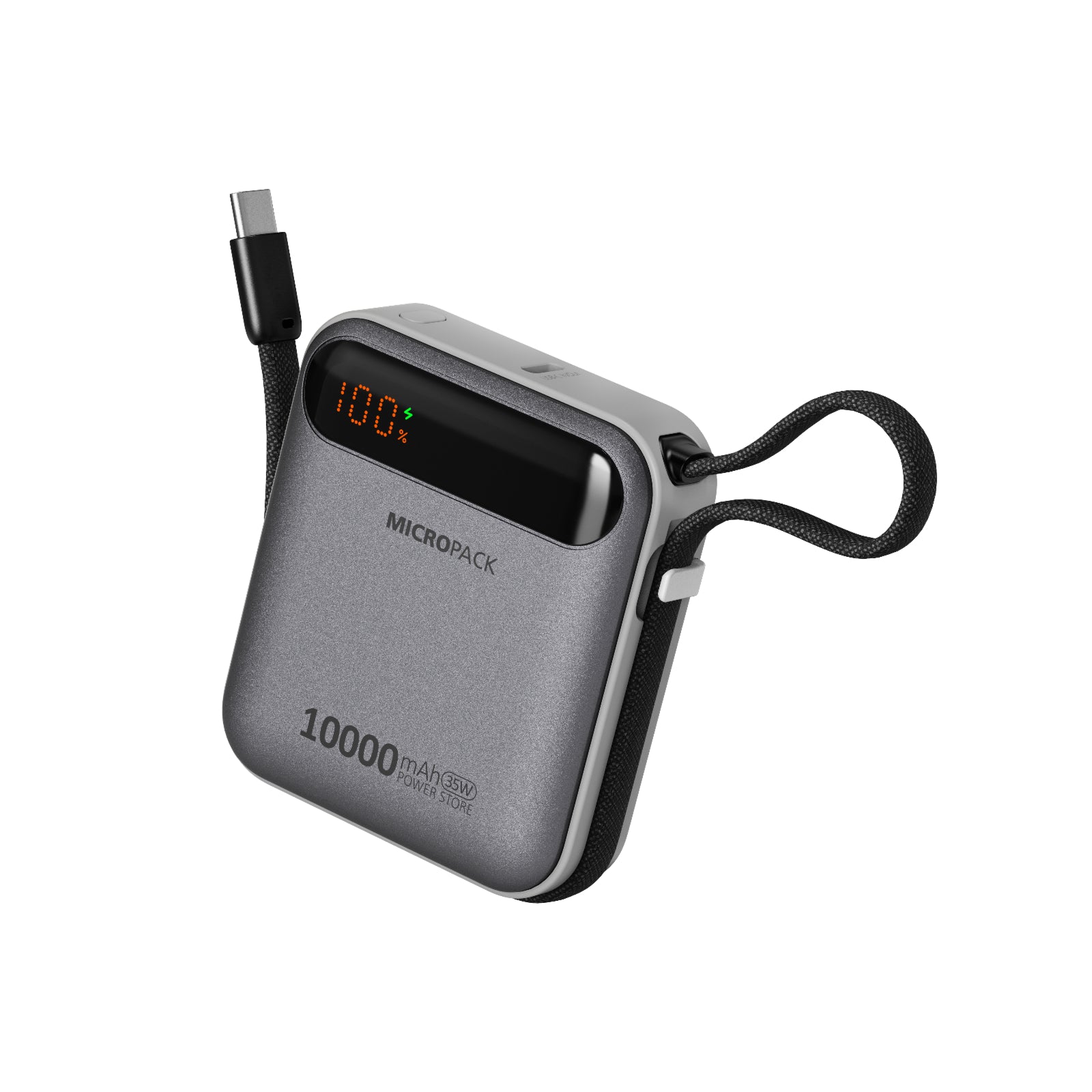 Gray power bank with digital display on a white background