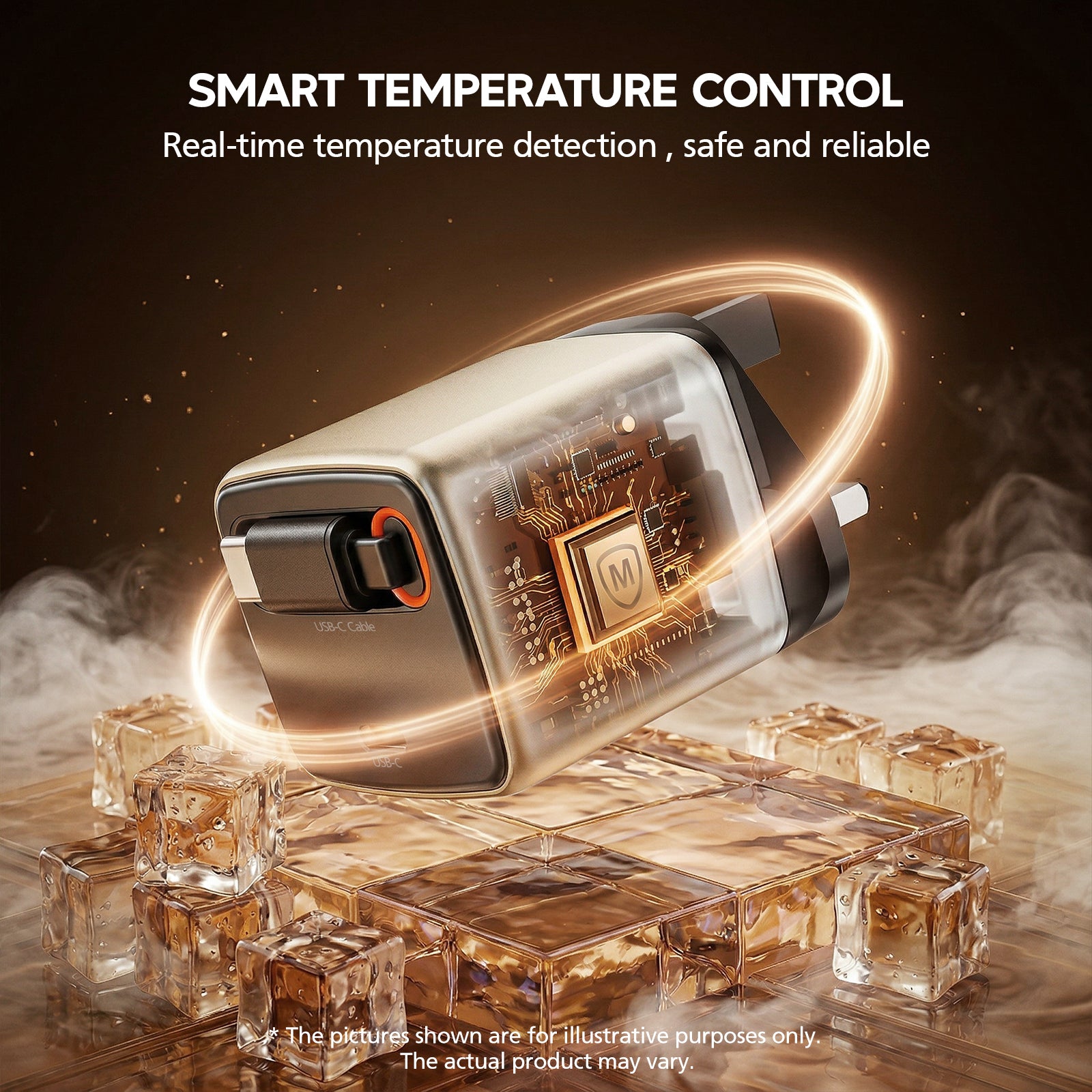 Smart temperature control device with ice cubes on a dark background