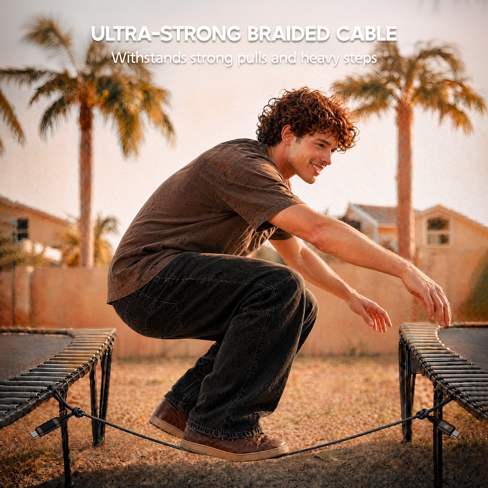 Person balancing on a slackline with palm trees and houses in the background
