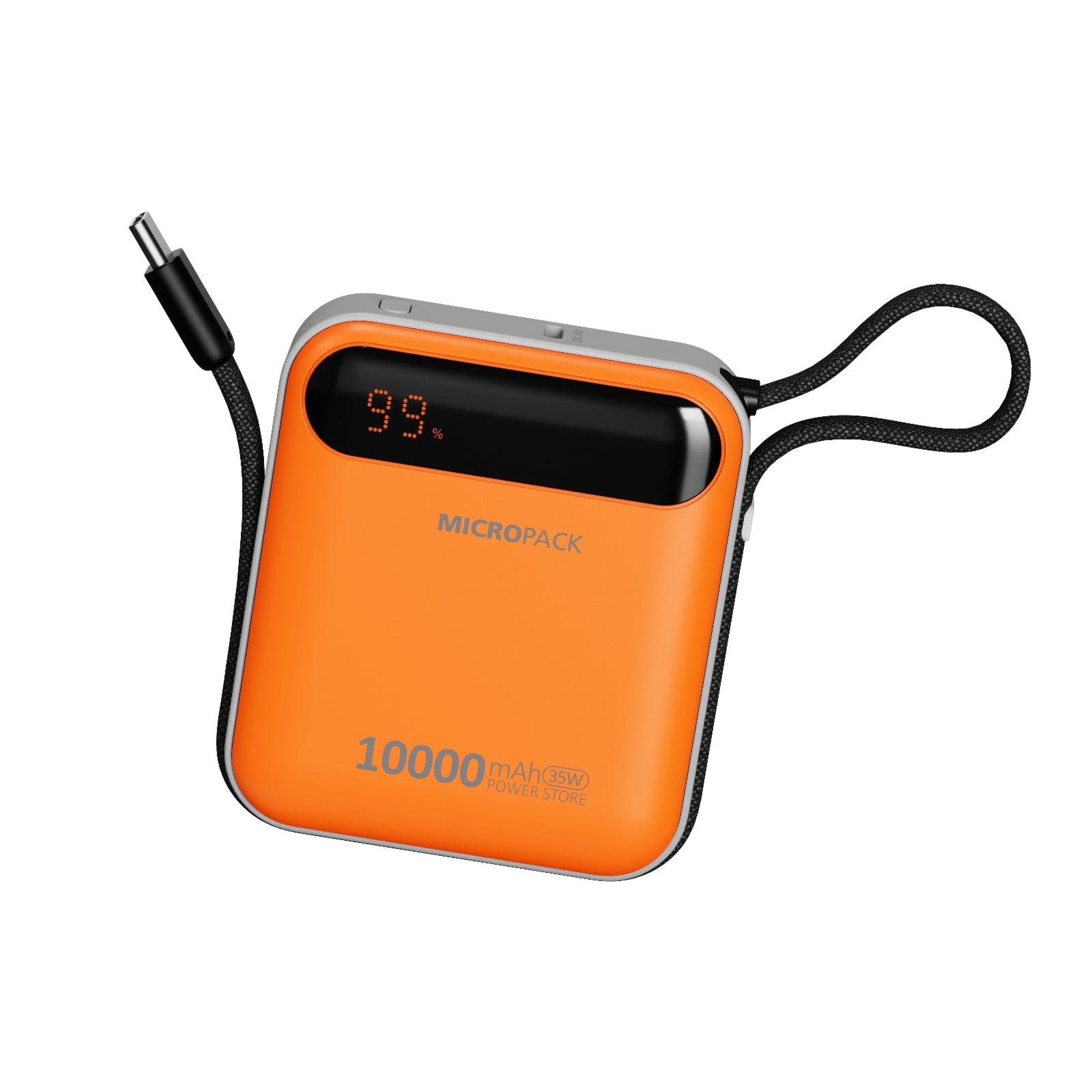 Orange power bank with digital display and 'Micropack' branding on a white background