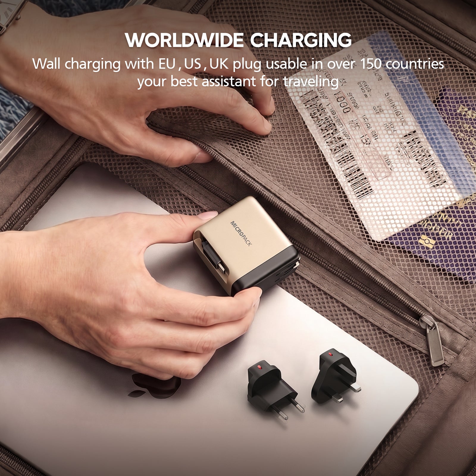 Person plugging a travel adapter into a suitcase with travel documents, emphasizing worldwide charging capabilities.