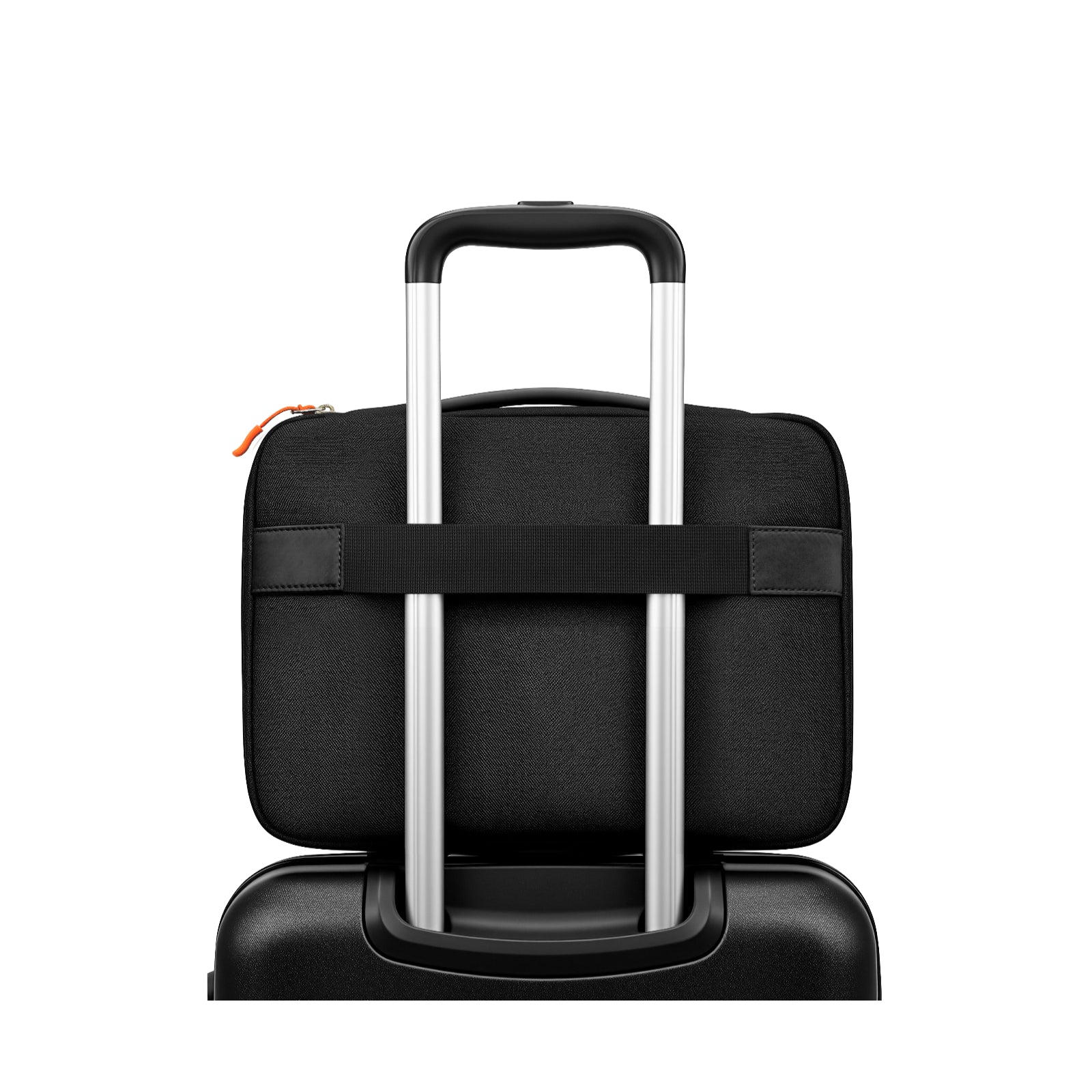 Black rolling suitcase with a handle on a white background
