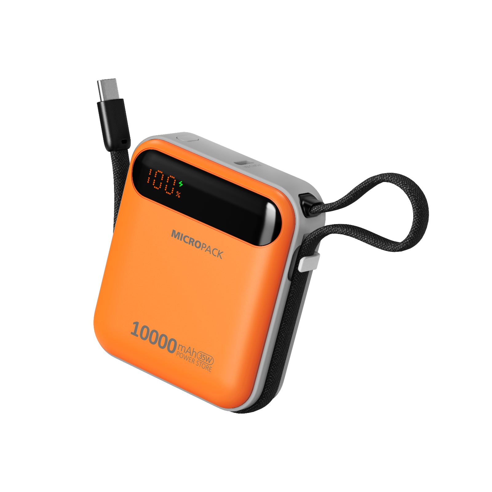 Orange power bank with digital display on a white background