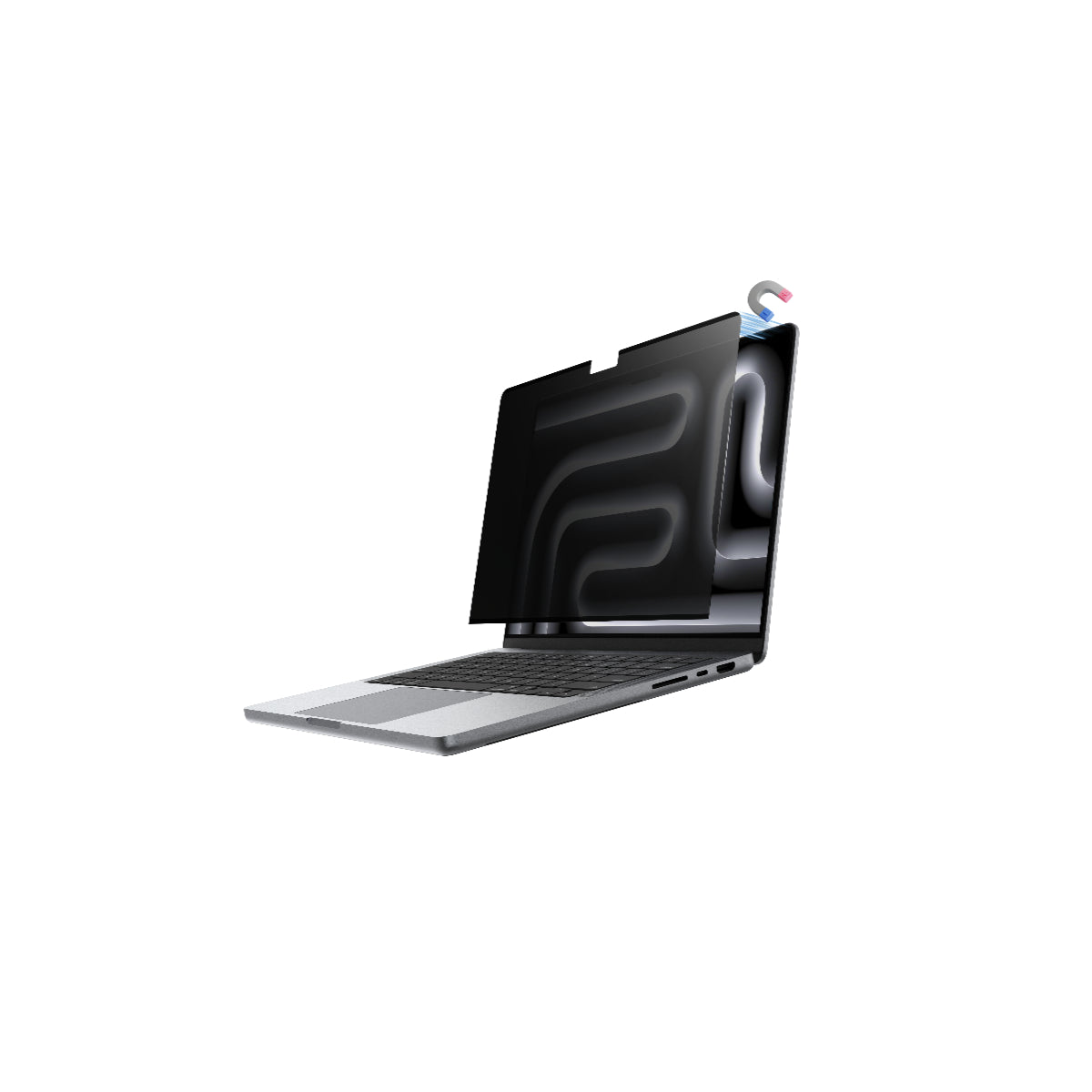 Laptop with a privacy screen filter on a white background