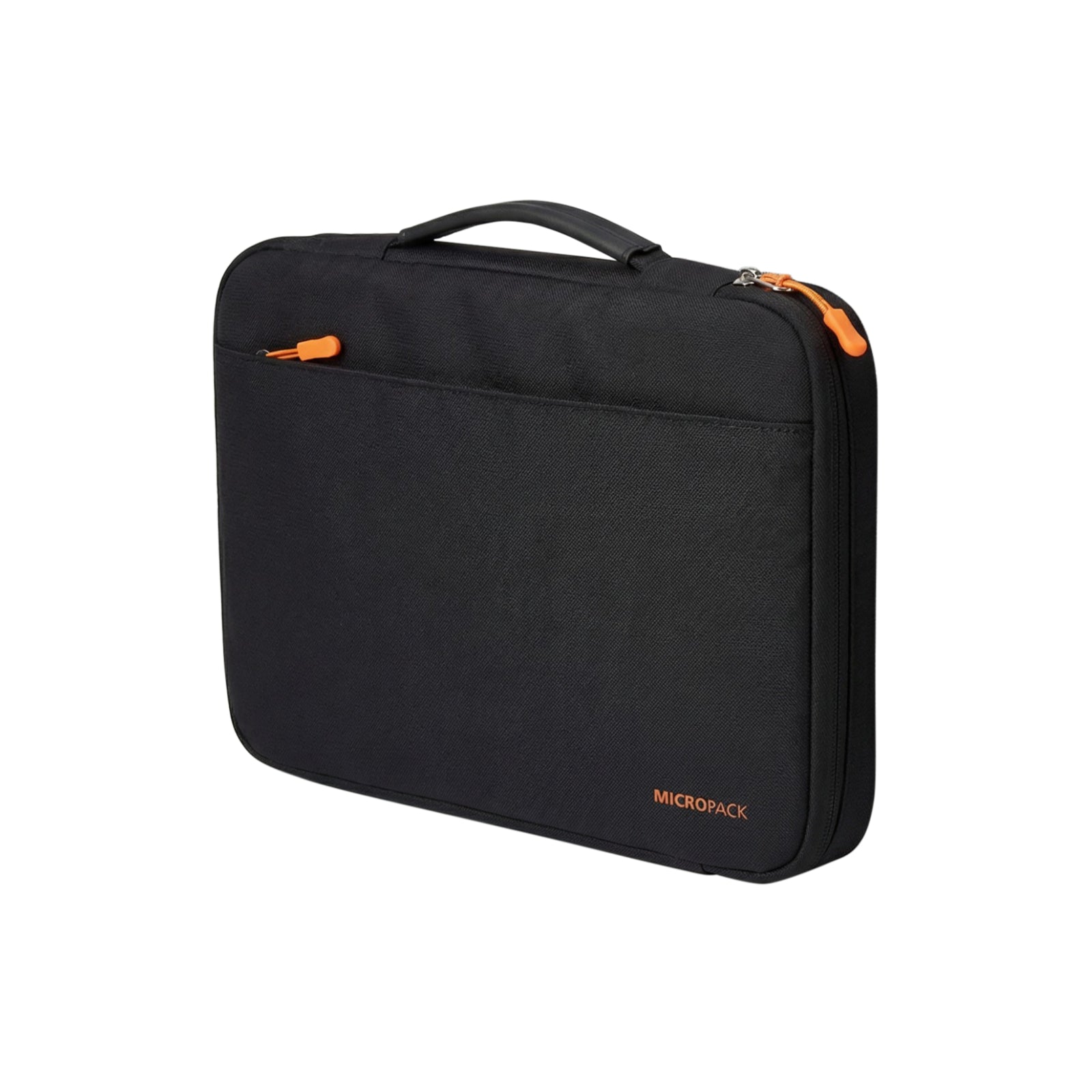 Black laptop bag with orange accents on a white background