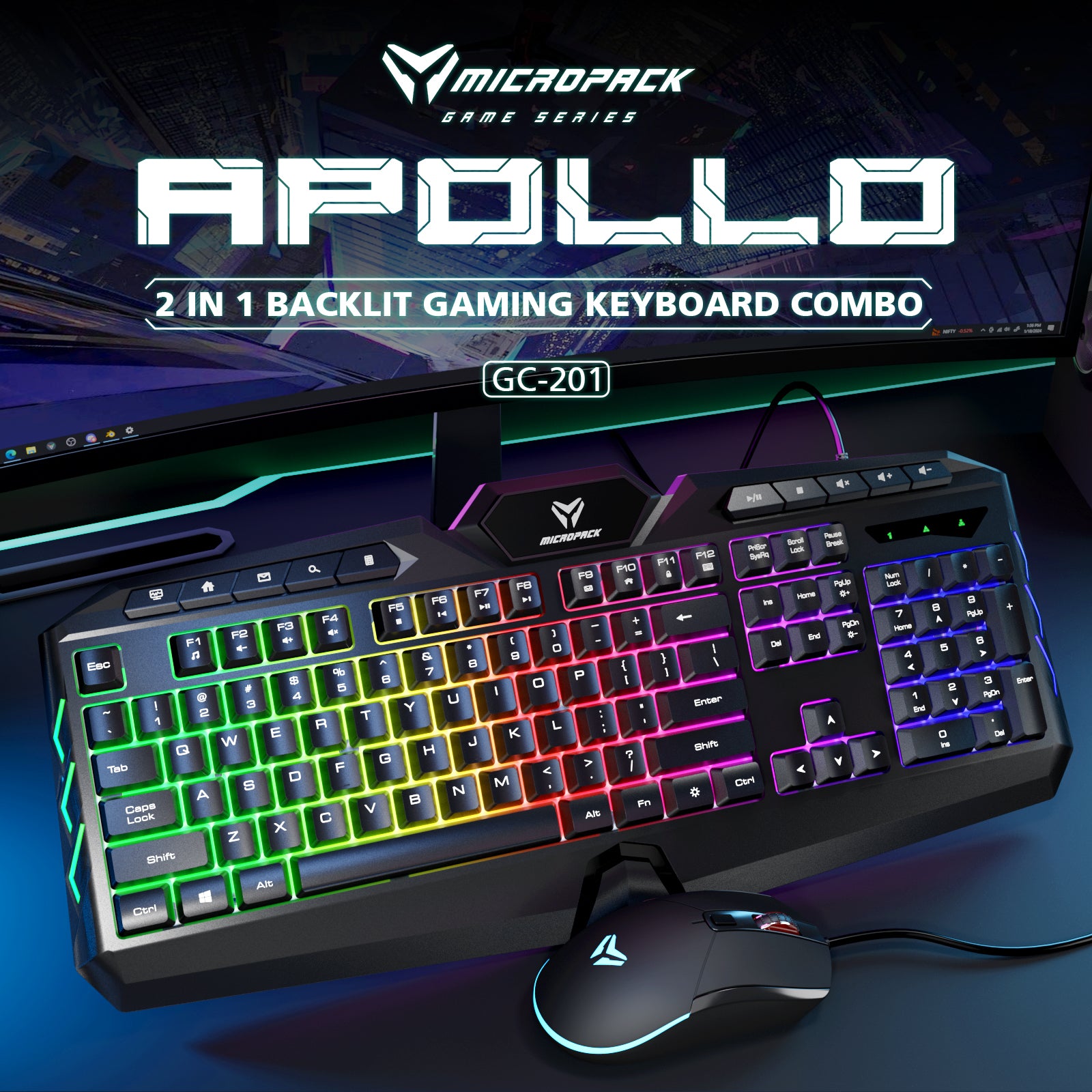 Micropack Apollo 2-in-1 backlit gaming keyboard combo with mouse on a dark background
