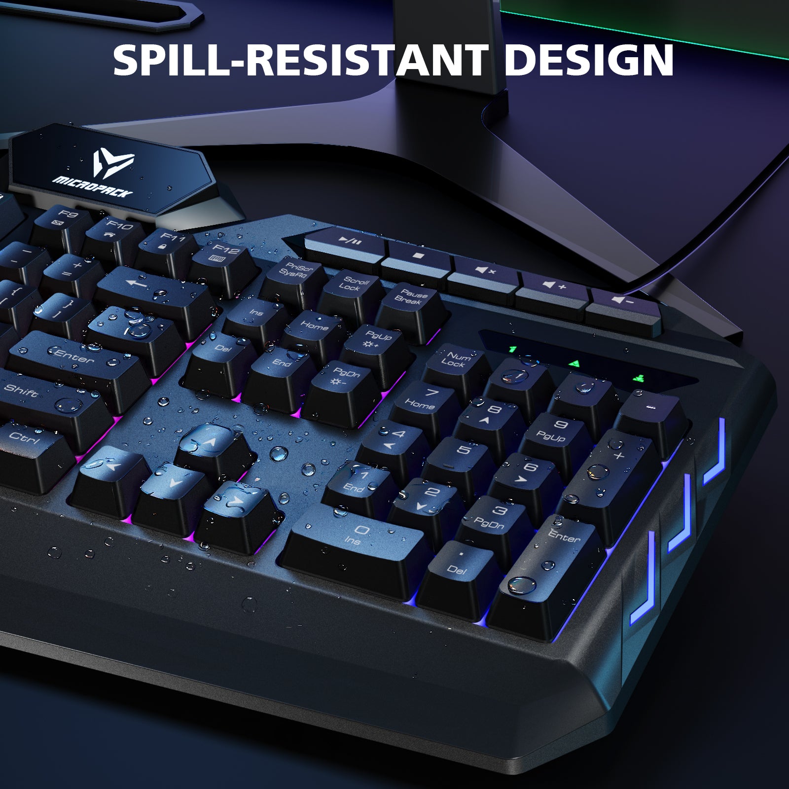 Gaming keyboard with spill-resistant design feature highlighted