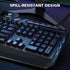 Gaming keyboard with spill-resistant design feature highlighted