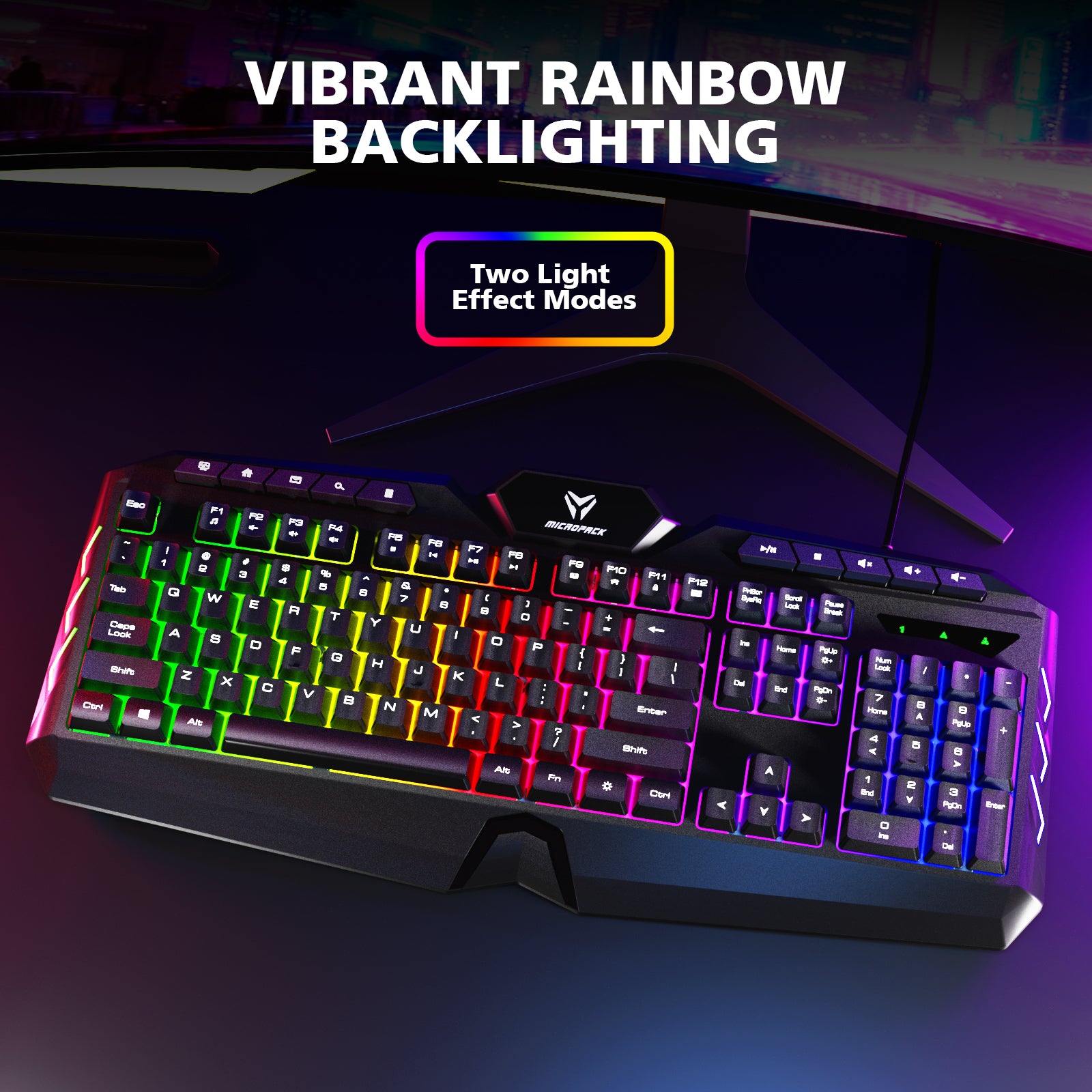 Gaming keyboard with vibrant rainbow backlighting on a dark background