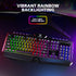 Gaming keyboard with vibrant rainbow backlighting on a dark background