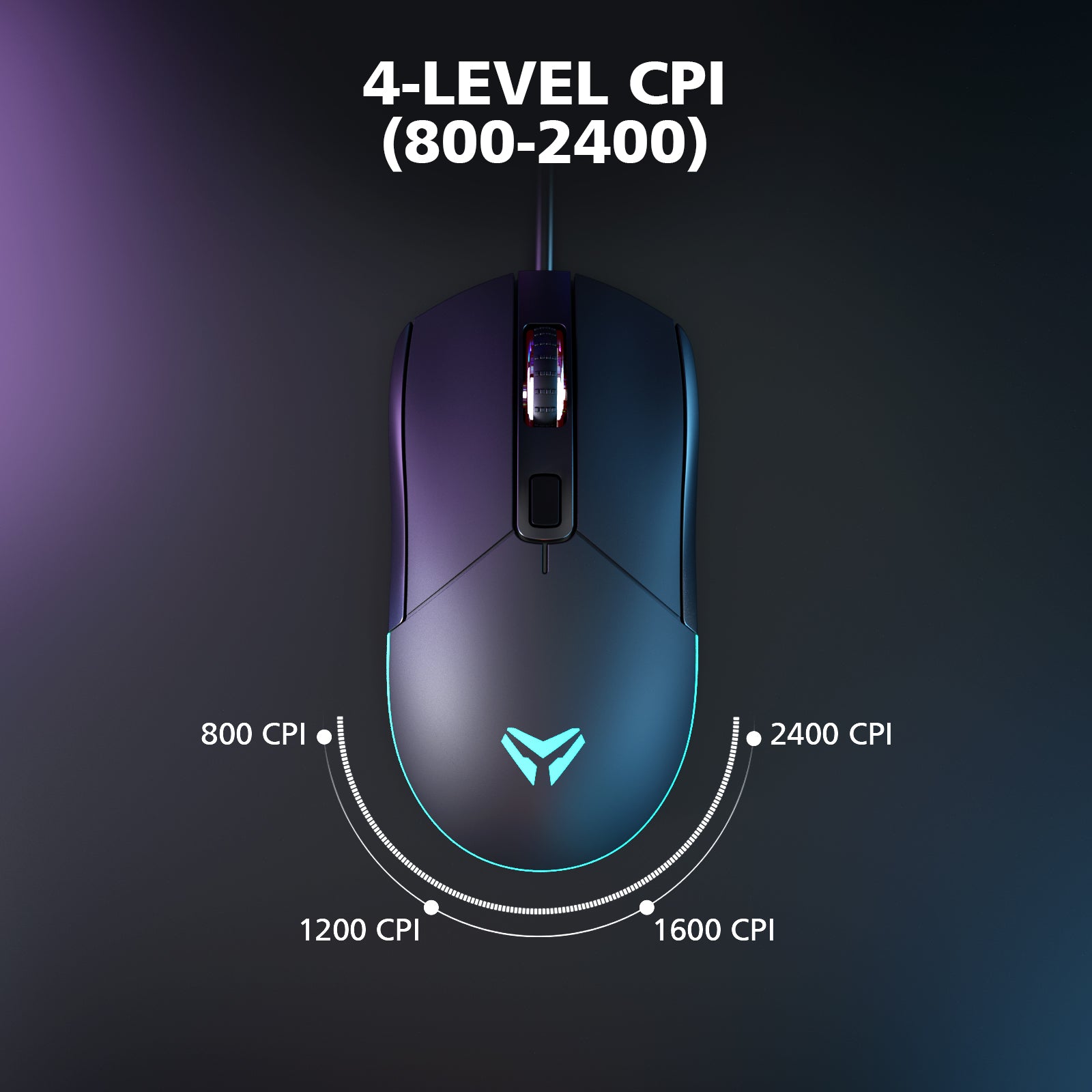 Gaming mouse with 4-level CPI indicator on a dark background