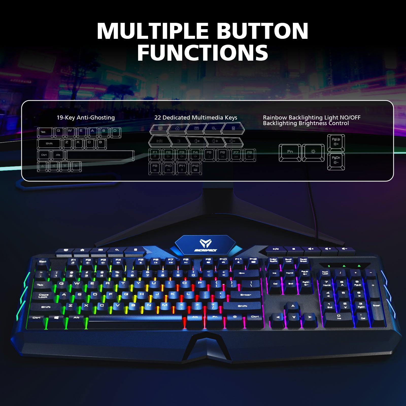 Gaming keyboard with RGB lighting and technical specifications on a dark background