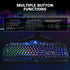 Gaming keyboard with RGB lighting and technical specifications on a dark background