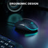 Gaming mouse with RGB lighting on a dark surface, featuring ergonomic design text.