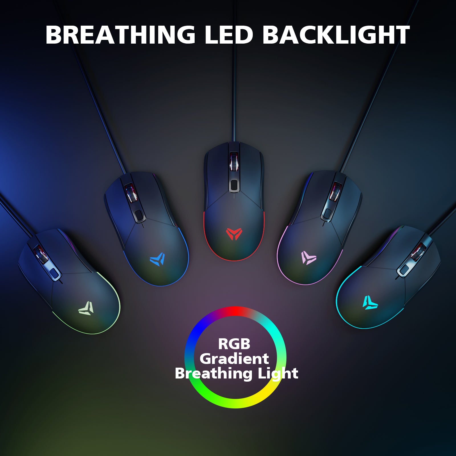 Gaming mice with RGB breathing LED backlight on a dark background