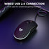 Gaming mouse with illuminated design on a dark background, featuring text about wired USB 2.0 connection.