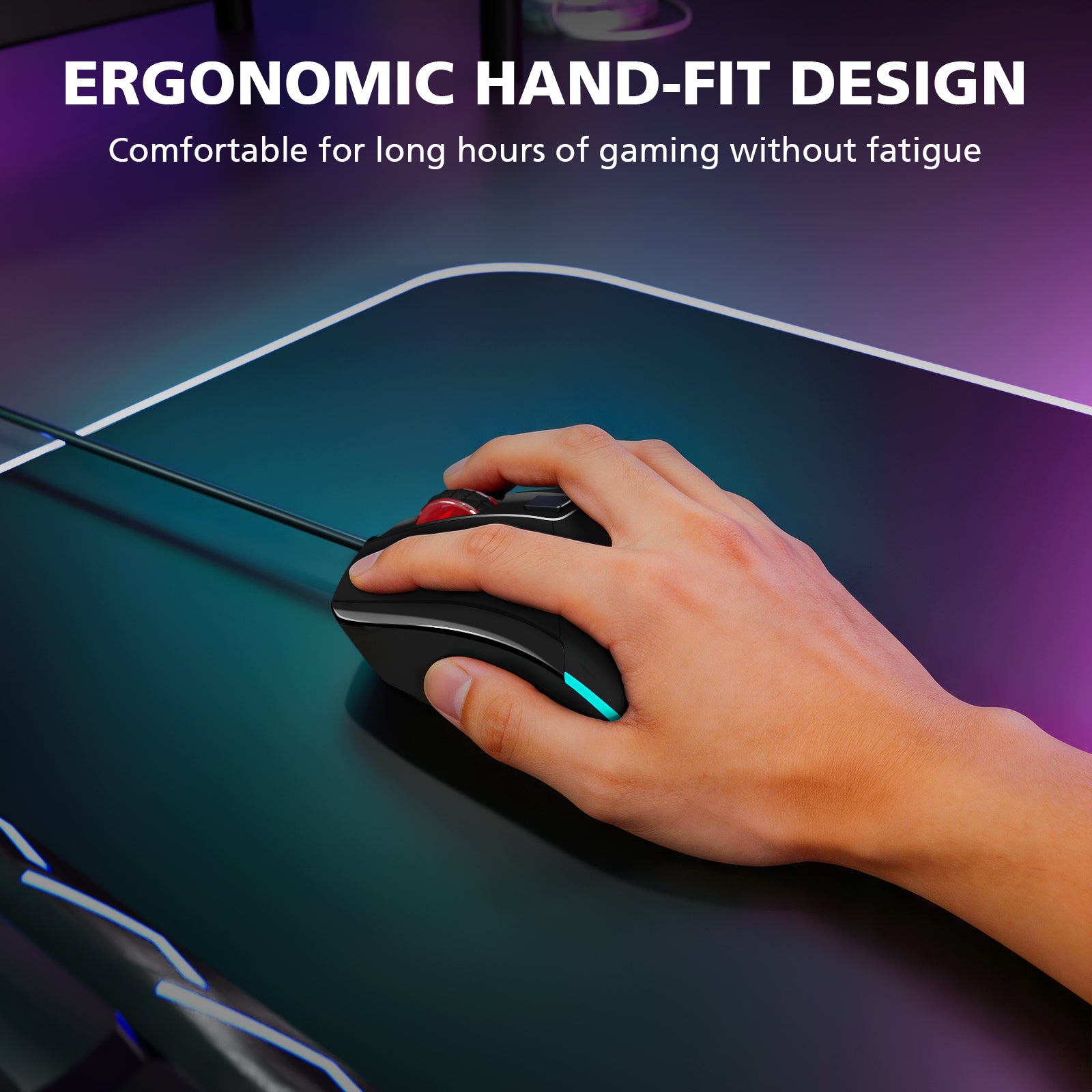 Hand using an ergonomic gaming mouse on a desk with text about comfort during gaming sessions.
